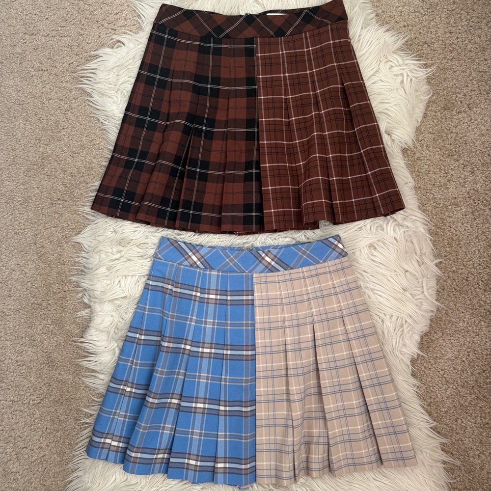 Bundle of 2 Aritzia Sunday Best Olive Plaid A-Line Pleated Mini Skirt Set 0